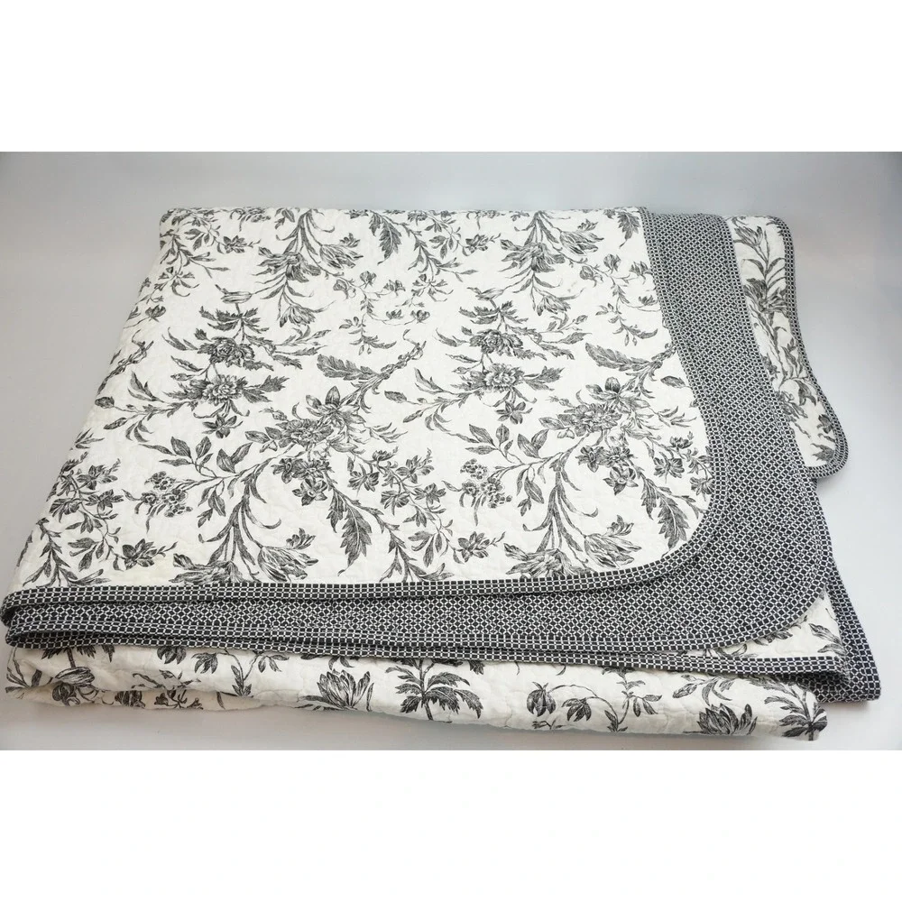 Laura Ashley Quilt King Black White Floral Reversible Cotton Blanket Good